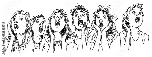 Hand drawn doodle of people with shocked and excited faces shouting or screaming