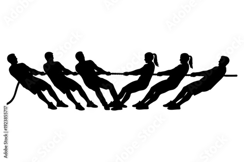 Black silhouette of two teams pulling rope in tug of war competition