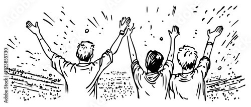 Rear view of fans raising hands and celebrating during a concert or sports event