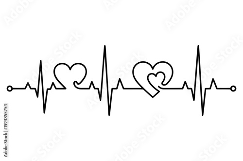 Black line art heartbeat pulse with two decorative heart shapes