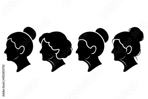 Set of four elderly women head silhouettes in profile view