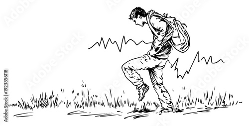 Young man with backpack dancing in a grassy field hand drawn doodle style