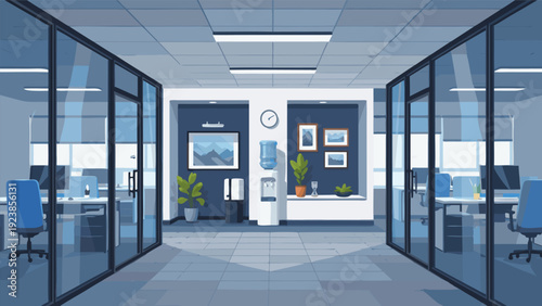3D Office Hallway with Glass-Enclosed Workspaces and Contemporary Design Elements