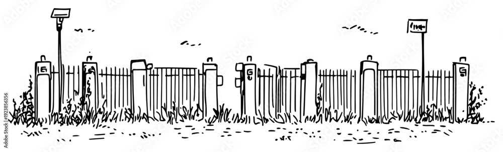 Obraz premium Hand drawn doodle sketch of an outdoor metal fence with overgrown grass and weeds