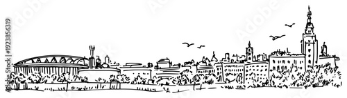 Wide hand drawn doodle of a city skyline featuring a modern stadium and historic buildings