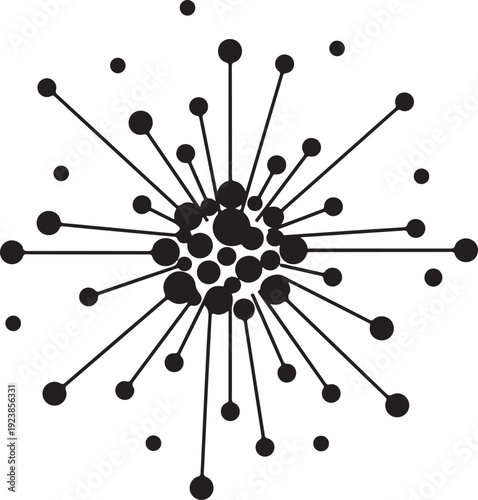 Abstract explosion of black dots connected by lines, science fiction style, geometric pattern, minimalist radial design, modern art.