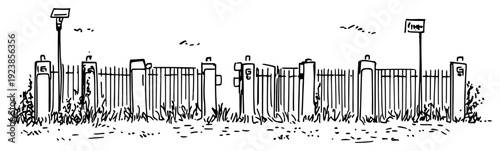 Hand drawn doodle sketch of an outdoor metal fence with overgrown grass and weeds