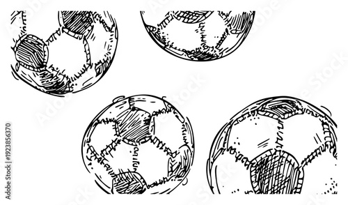 Collection of hand drawn soccer balls with detailed stitching in a sketchy style