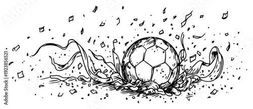 Dynamic hand drawn illustration of a soccer ball with celebrating streamers and confetti