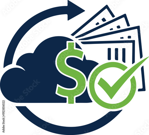 Cloud computing dollar sign and check mark with financial documents, depicting secure digital finance, budget management, and online banking success