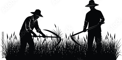 Silhouette farmers harvesting crops with scythes in rural field, traditional agriculture illustration artwork - flavector