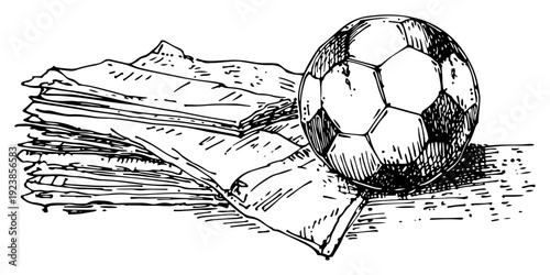 Hand drawn sketch of a soccer ball resting on a stack of newspapers or magazines