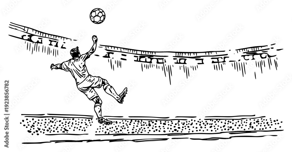 Naklejka premium Professional soccer player performing an acrobatic kick in a massive stadium hand drawn sketch