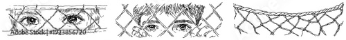 Set of expressive human eyes peeking through a wire mesh fence in hand drawn line art