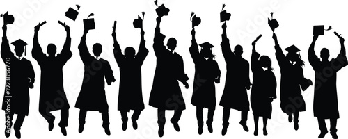 Silhouette graduates celebrating with caps and diplomas, academic achievement illustration artwork joyful success - flavector
