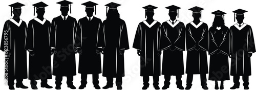 Silhouette graduates in academic gowns and caps celebrating graduation ceremony, education success illustration artwork - flavector
