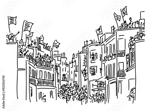 Lively city street with flags hanging from balconies during a local celebration hand drawn doodle
