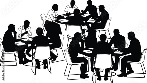 Silhouette people collaborating in meeting around tables, teamwork business discussion illustration artwork professional engagement - flavector