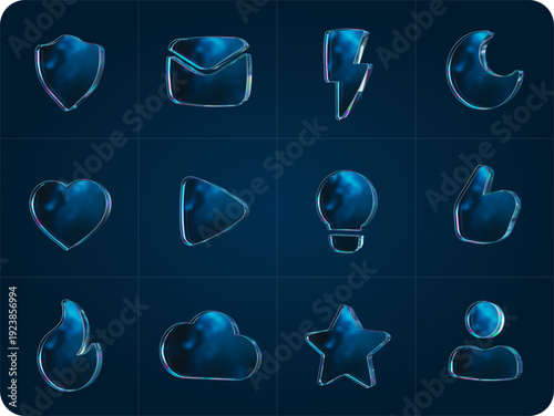 Collection of glossy blue glass 3D rendered social media and user interface icons, featuring modern transparent designs on a dark background.