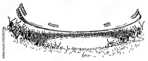 Wide angle sketch of a massive stadium filled with a cheering crowd under bright floodlights