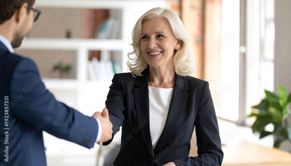 Obraz premium Senior businesswoman smiling and extending hand in office showing experience trust and professional corporate partnership
