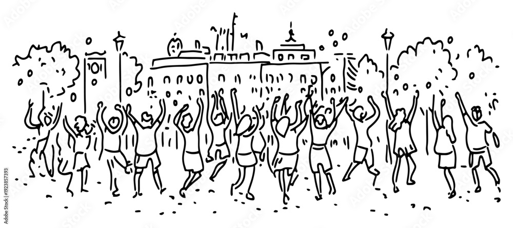 Obraz premium Group of people dancing and celebrating in front of city buildings in a sketchy doodle style