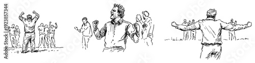 Set of hand drawn sketches showing excited men cheering and celebrating a victory
