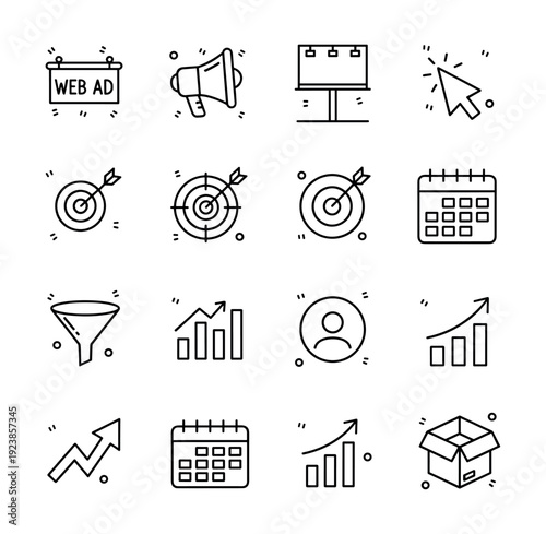 Collection of marketing and business icons representing strategy, growth, and advertising