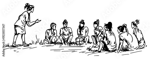 Hand drawn doodle of a female soccer coach talking to her team sitting on the field