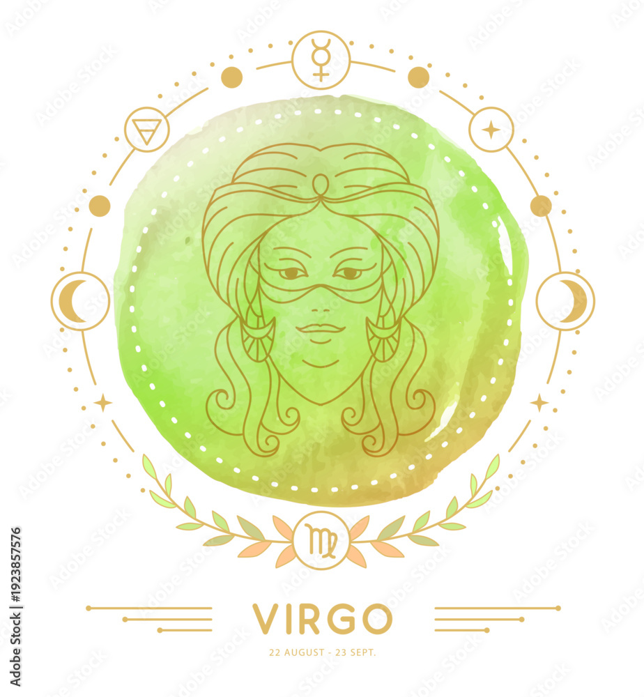 Fototapeta premium Modern magic witchcraft card with astrology Virgo zodiac sign characteristic on watercolor background. Vector illustration