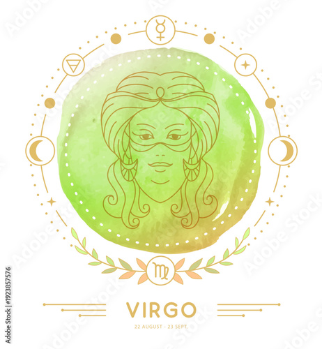 Modern magic witchcraft card with astrology Virgo zodiac sign characteristic on watercolor background. Vector illustration