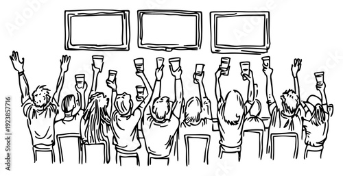 Fans watching a soccer match on television screens while cheering with drinks in a doodle style