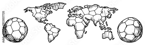 Conceptual hand drawn doodle of a world map with soccer ball patterns and footballs