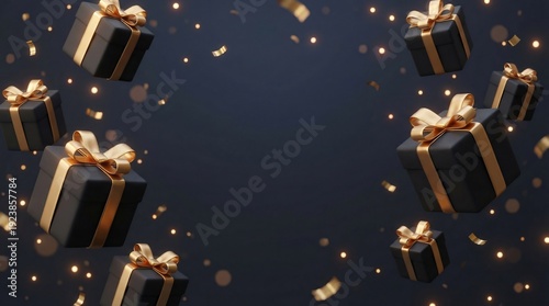 Wallpaper Mural Black gift boxes adorned with shining gold ribbons tumble downwards around a dark background scattered with glittering golden confetti creating an exciting celebration frame. Torontodigital.ca