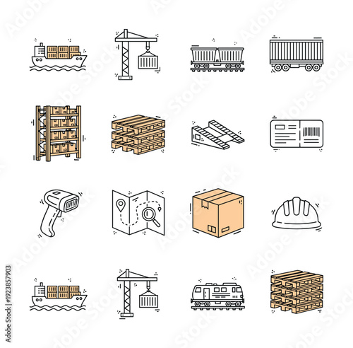 Logistics and supply chain icons representing shipping, warehousing, and transportation methods