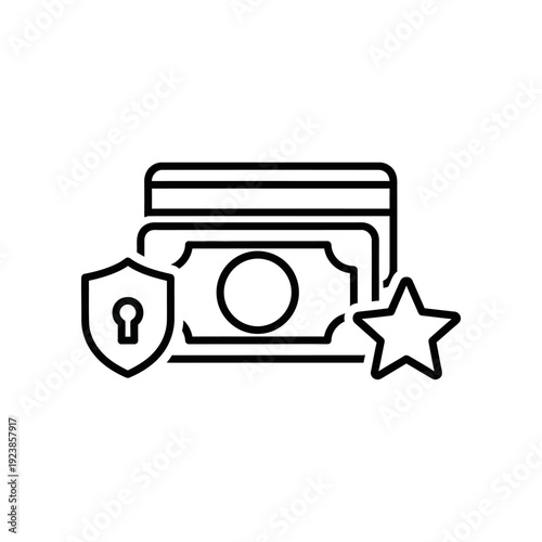 Flat design illustration of secure cloud storage with a shield and lock symbol, star rating, and digital safety concept for business and technology.