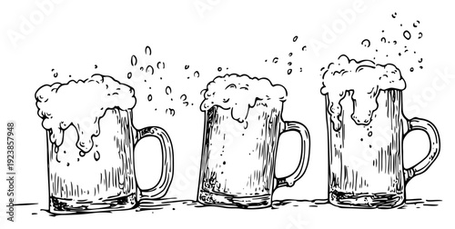Three mugs of beer with overflowing foam and bubbles hand drawn sketch style