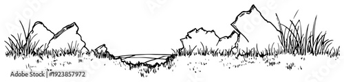 Broken stone wall with grass and opening in the middle hand drawn doodle