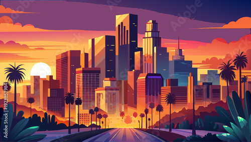 Very beautiful Los Angeles skyline during sunset glowing with warm golden hues, reflecting dramatic light across glass towers and palm lined avenues in a vibrant California evening atmosphere.
