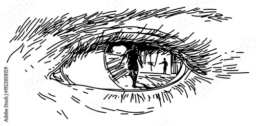 Conceptual doodle drawing of a human eye with a silhouette of a man walking inside the iris