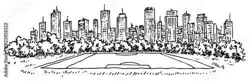 Urban cityscape with tall skyscrapers and a sports field in the foreground hand drawn sketch
