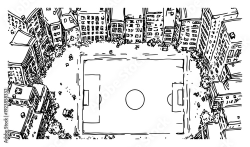 Top view of a soccer field surrounded by dense urban city buildings in hand drawn doodle style