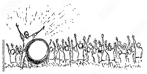 Group of happy people cheering and celebrating with a large drum in hand drawn doodle style