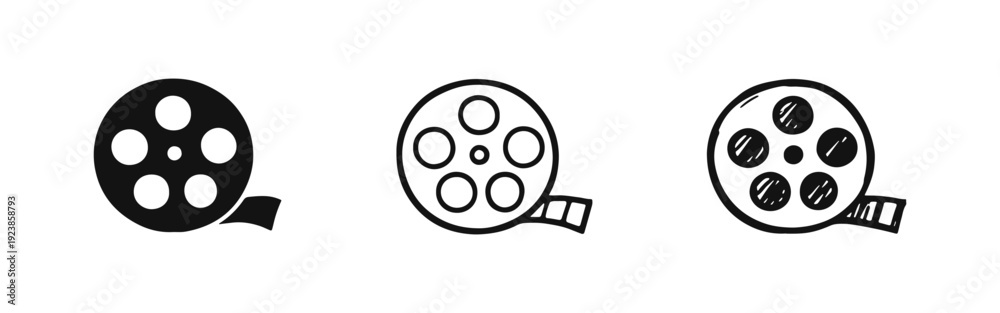 Obraz premium Film Reel Icon Set in Solid, Outline, and Hand-Drawn Styles - Cinema and Movie Production Symbol