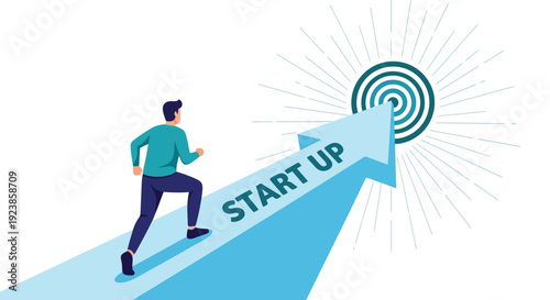 Man Running Up Start Up Arrow Towards Target Goal