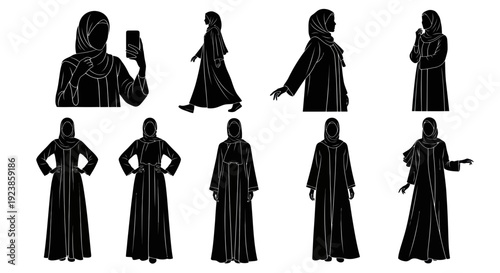 Black and White Silhouette Vector Art of Muslim Women in Hijab and Abaya, showcasing diverse poses for Islamic Culture and Fashion.