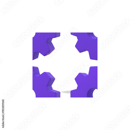 Vibrant purple abstract 3D render of four corner pieces expanding outwards, symbolizing growth, connection, and dynamic expansion on a clean white background.