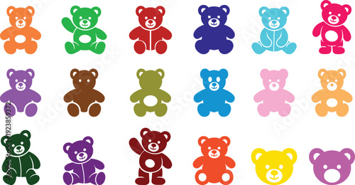 teddy bear vector set collection group with cute toy silhouette and outline icons, baby nursery plush mascot symbol isolated on transparent background, editable minimalist design