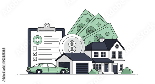House Car Money and Insurance Policy Financial Assets Illustration