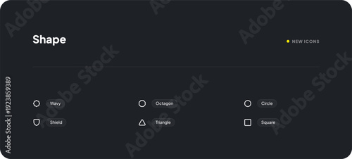 Minimalist dark mode UI design featuring various geometric shapes like circle, square, triangle, and octagon for modern web and app interfaces.